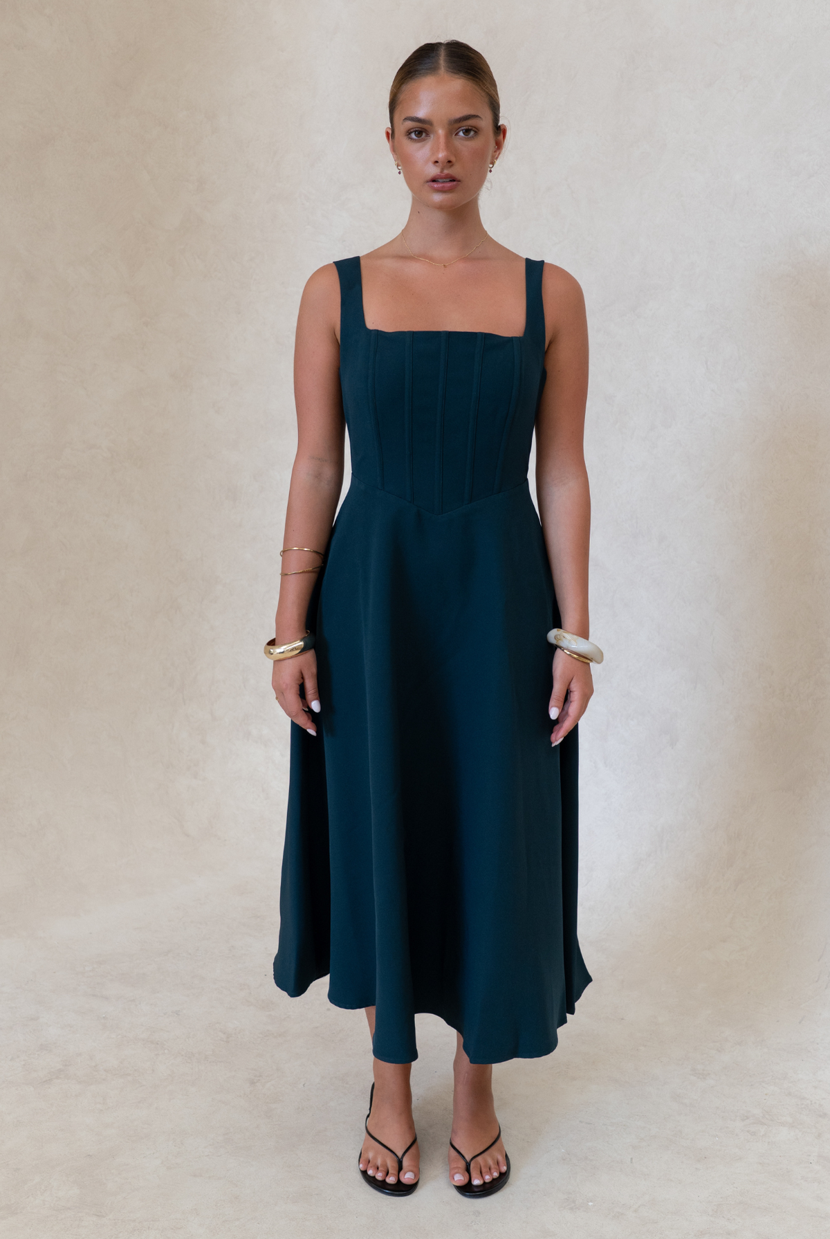 Danielle Dress Green – green sleeveless square neck midi dress, back view