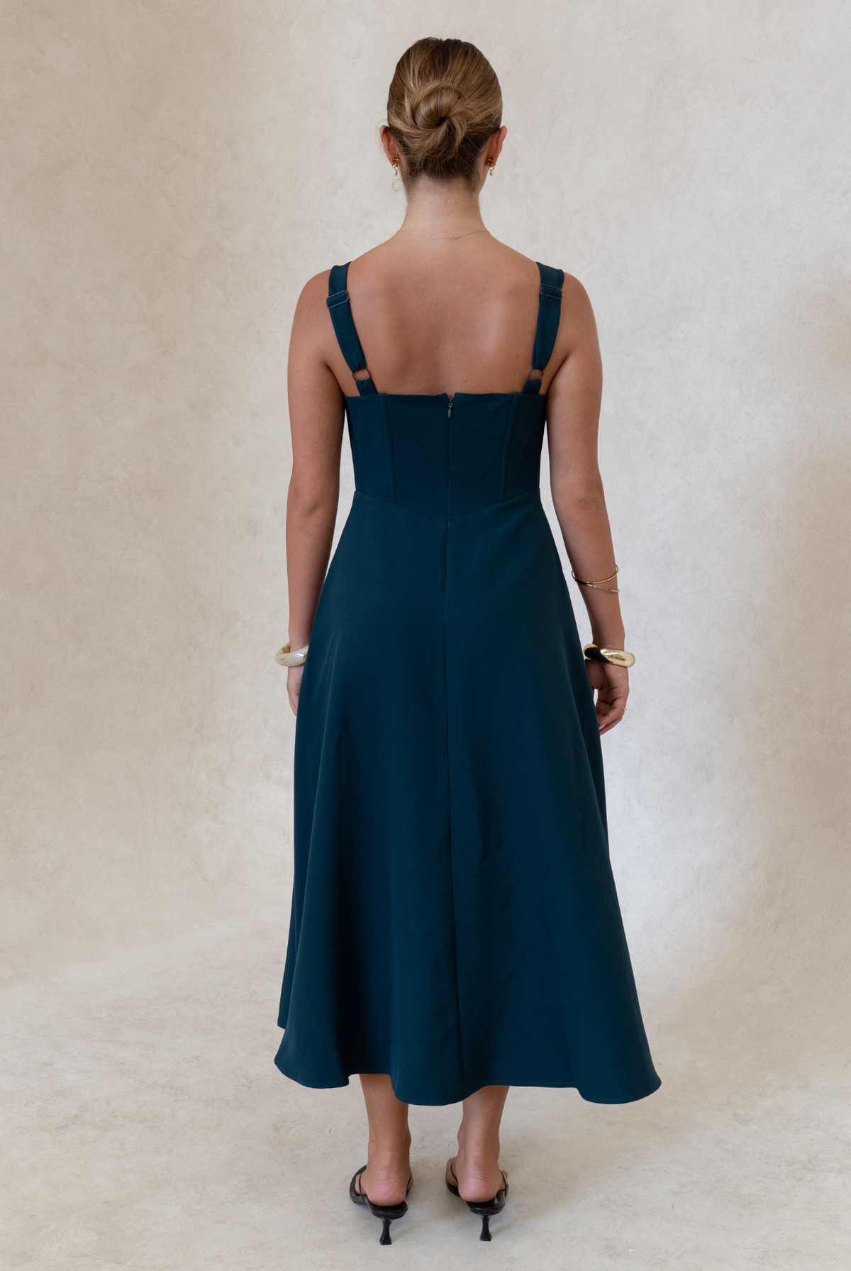 Danielle Dress Green – women's green formal midi dress, full length view