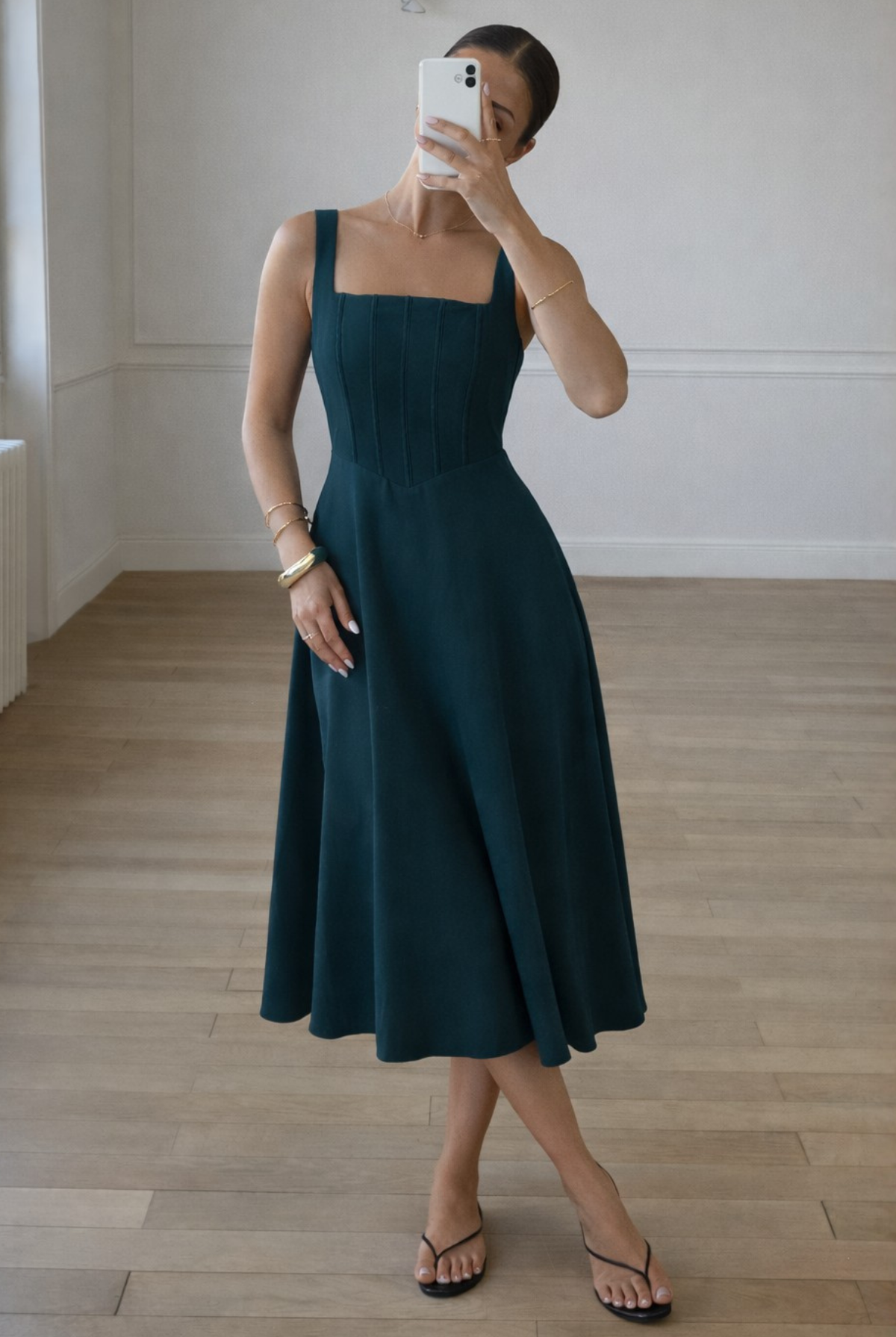 Danielle Dress Green – green midi dress with bodice detailing, styled view