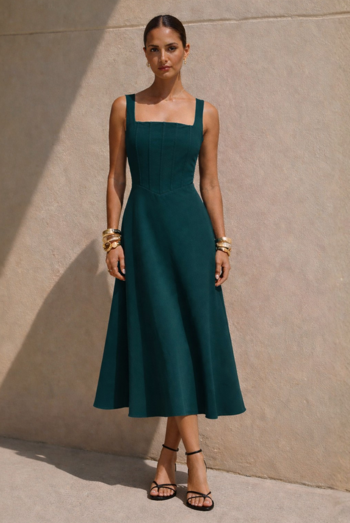 Danielle Dress Green – women's square neck fit and flare midi dress by Twosisters The Label, front view