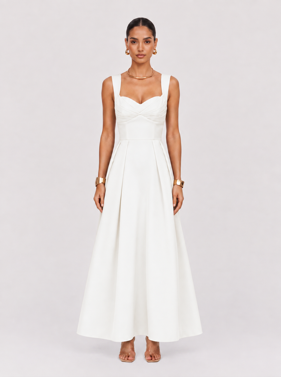 White Midi Dress with Pockets & Smocked Back | Twosisters