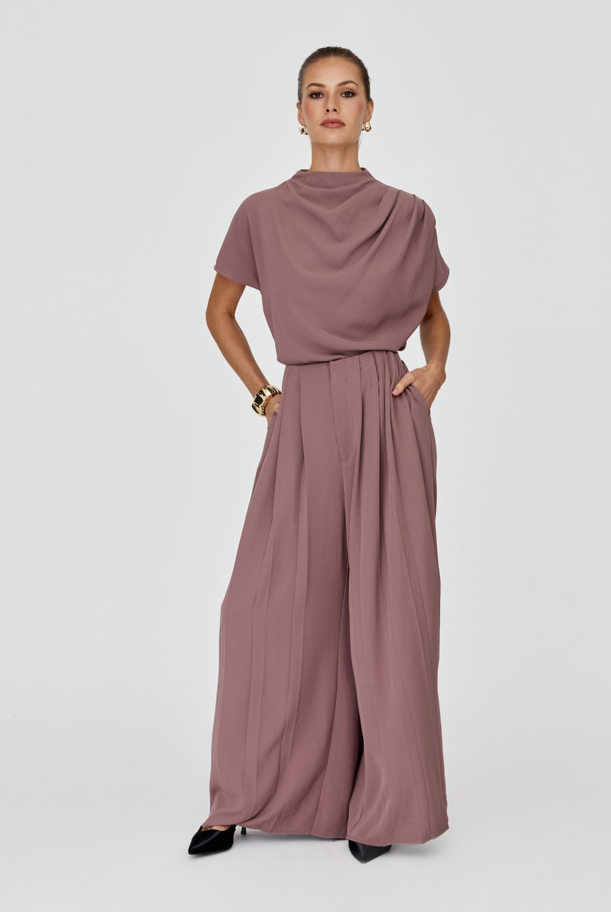 Sharee Top Mocha Mousse – women's cap sleeve co-ord top by Twosisters The Label, front view