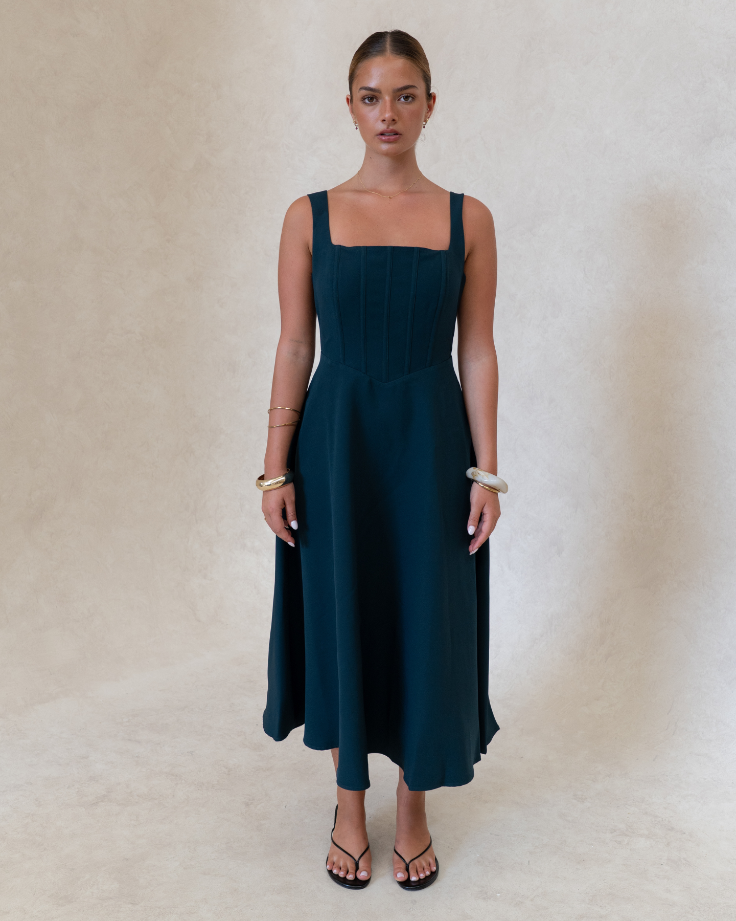 Danielle Dress Green – green sleeveless square neck midi dress, back view
