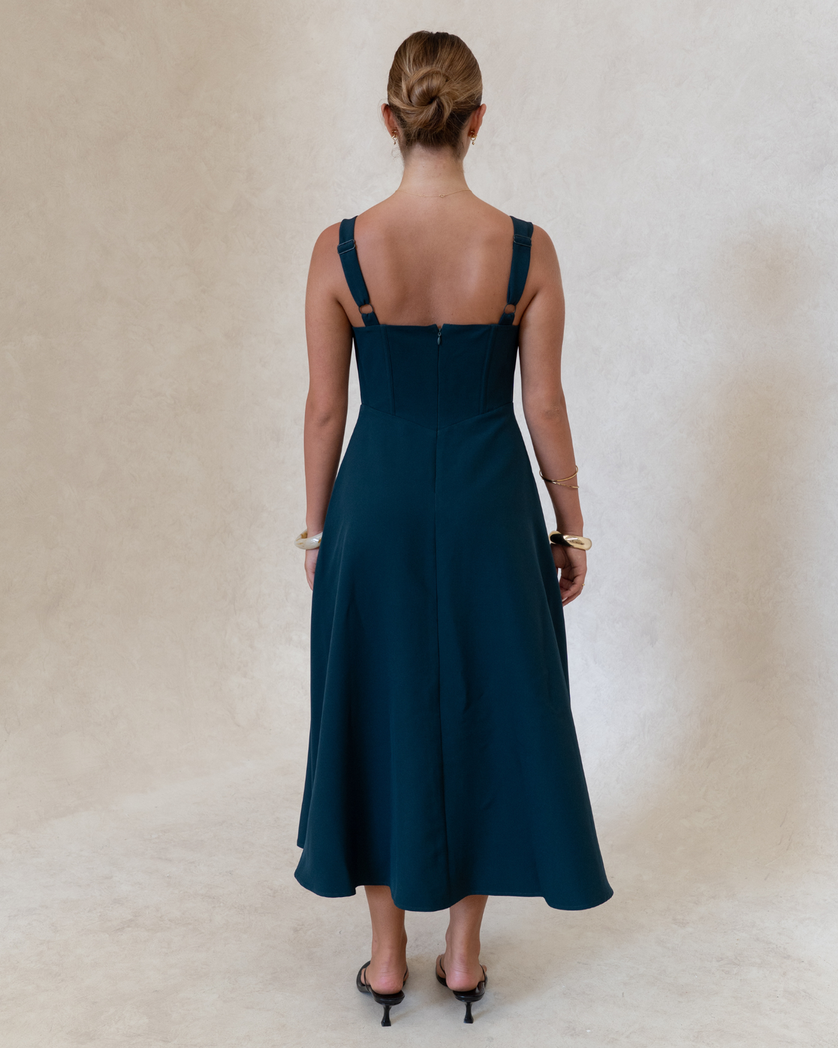 Danielle Dress Green – women's green formal midi dress, full length view
