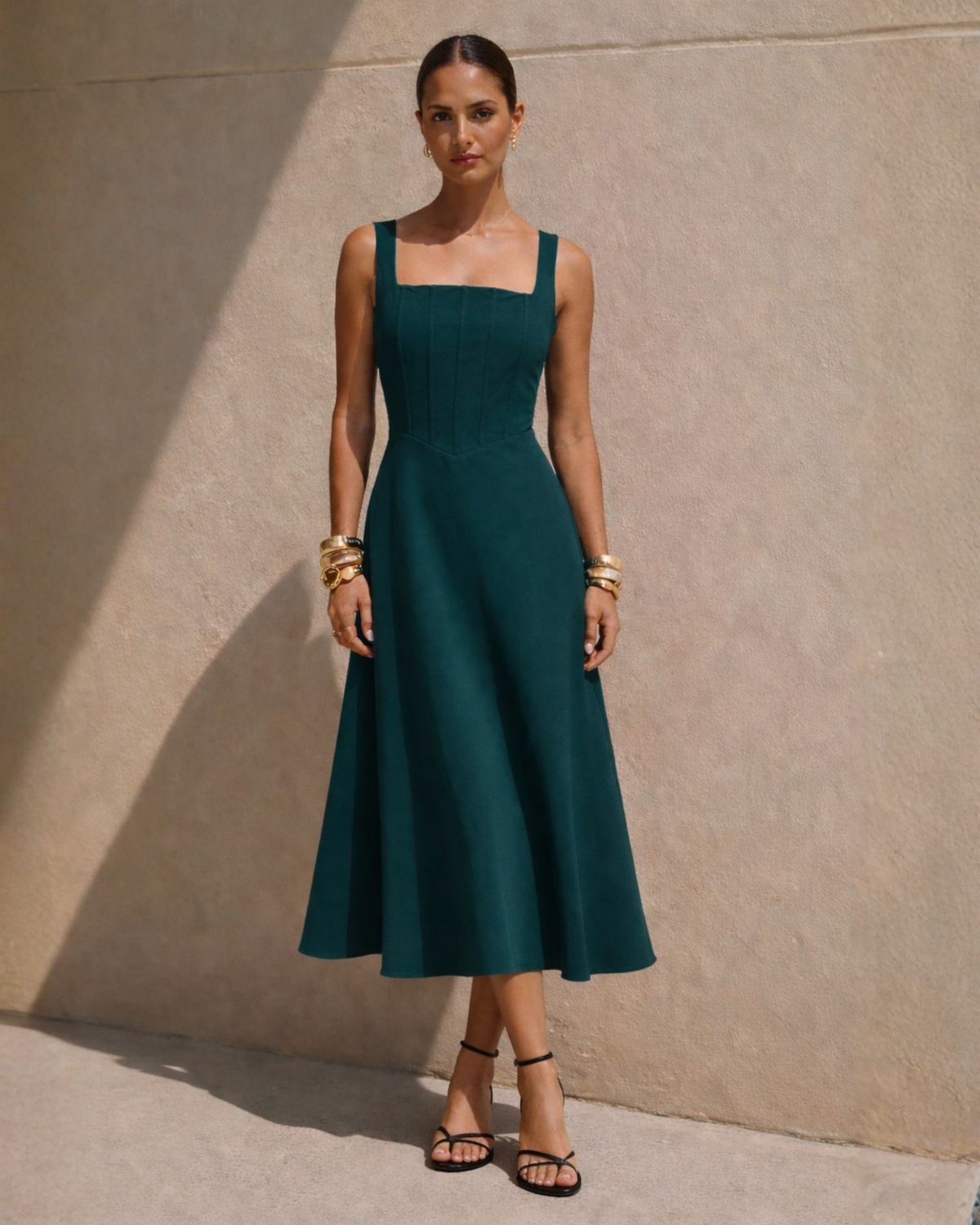 Danielle Dress Green – women's square neck fit and flare midi dress by Twosisters The Label, front view