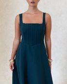 Danielle Dress Green – green fit and flare midi dress for weddings and events, side view