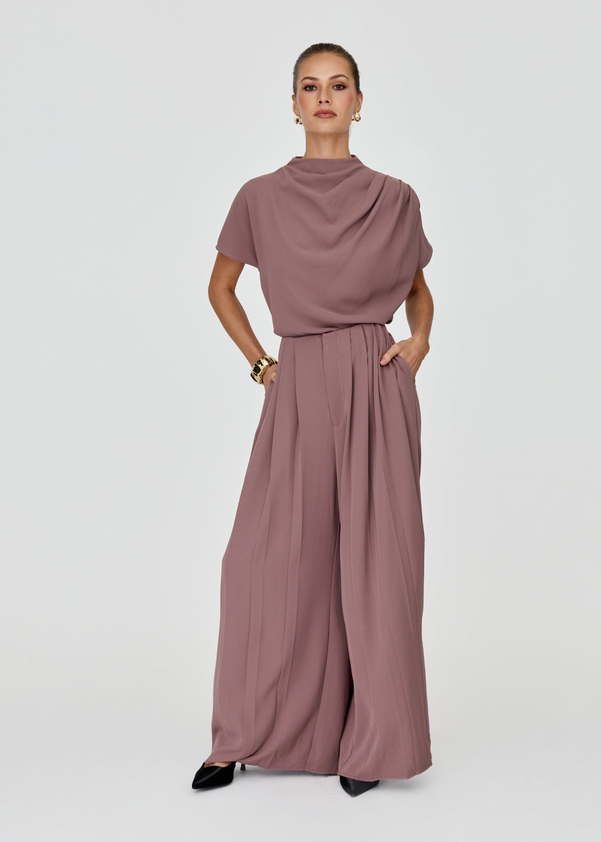 Sharee Top Mocha Mousse – women's cap sleeve co-ord top by Twosisters The Label, front view