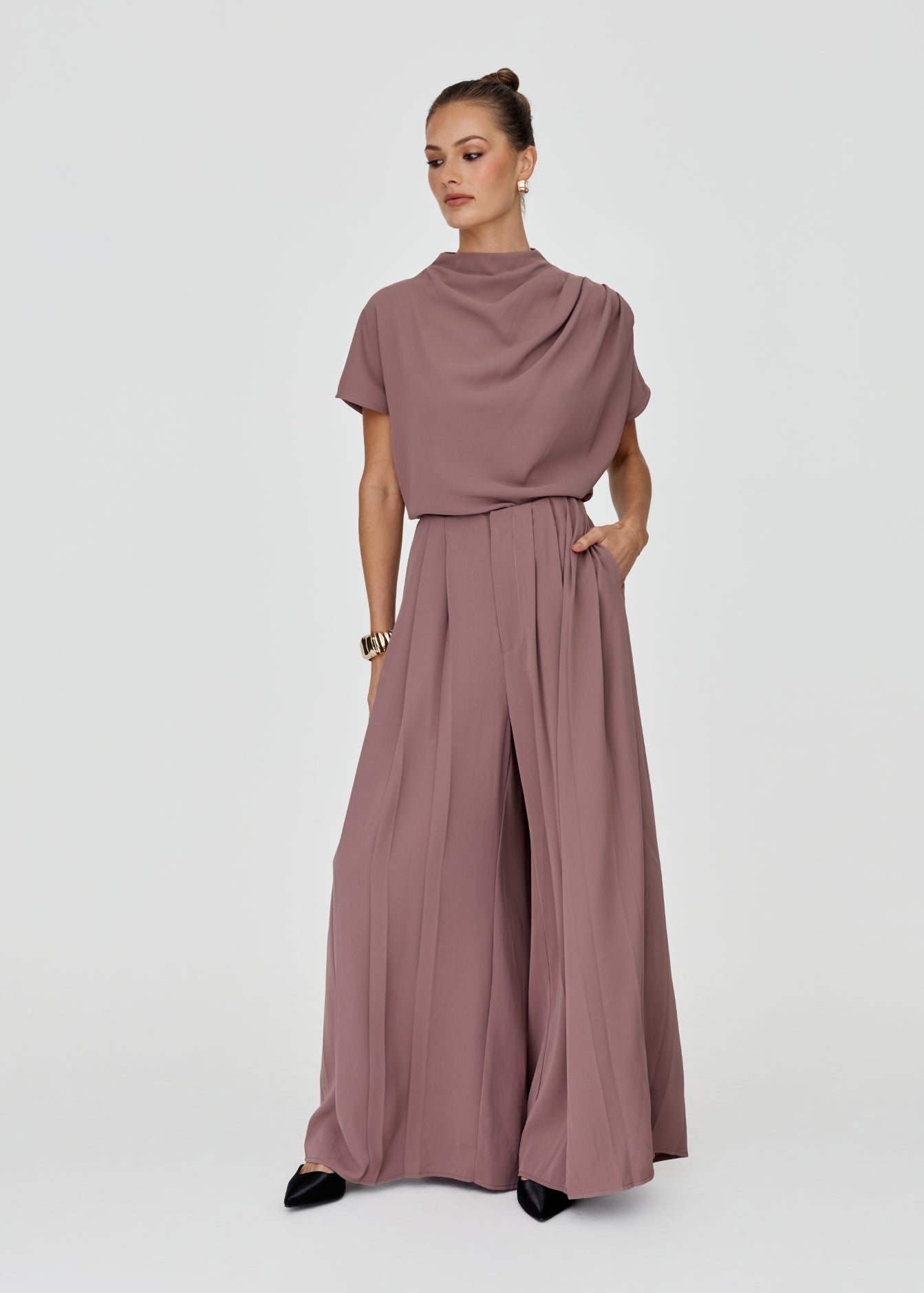 Sharee Pants Mocha Mousse – women's wide leg co-ord pants by Twosisters The Label, front view